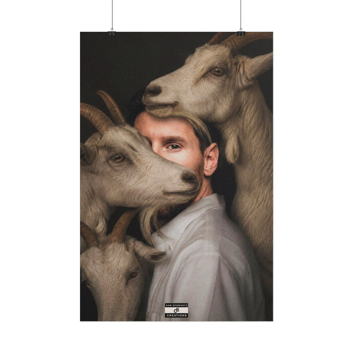 Lionel Messi surrounded by goats in a surreal football GOAT portrait