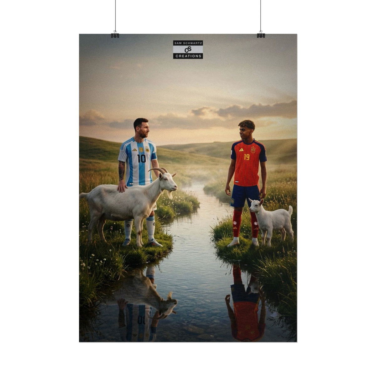 Lionel Messi and Lamine Yamal with goats in a football legacy poster