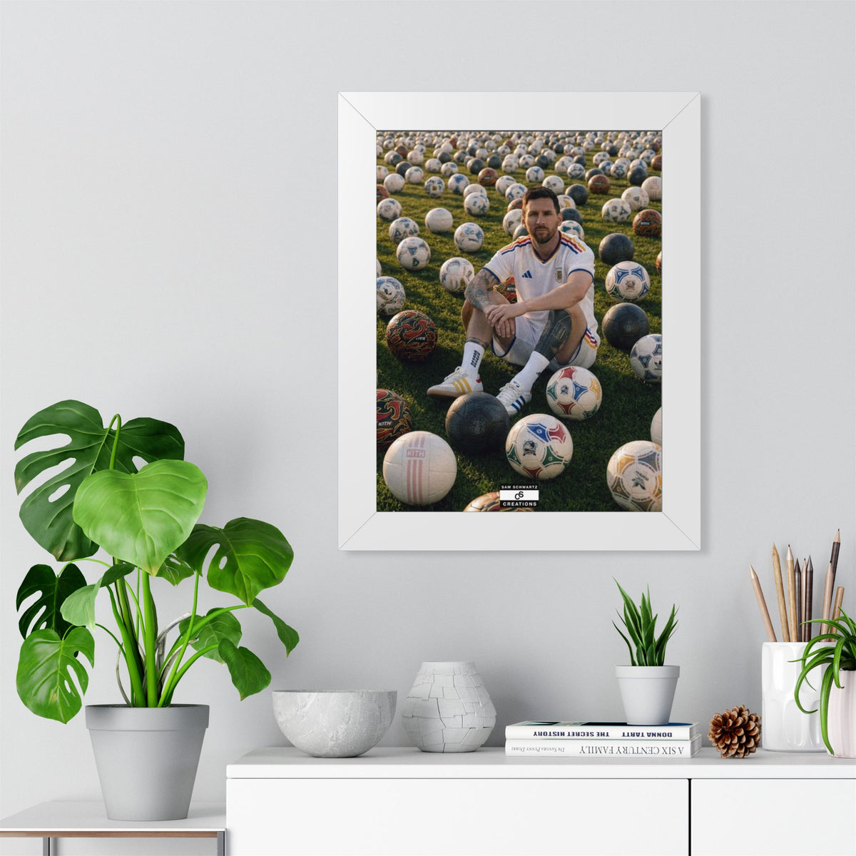 Messi x Soccer Balls Framed Poster — Framed GOAT Wall Art