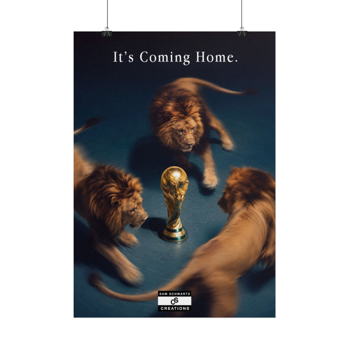 Three lions circling the World Cup trophy in an England football poster