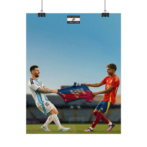 Lionel Messi and Lamine Yamal holding a Barcelona tribute shirt