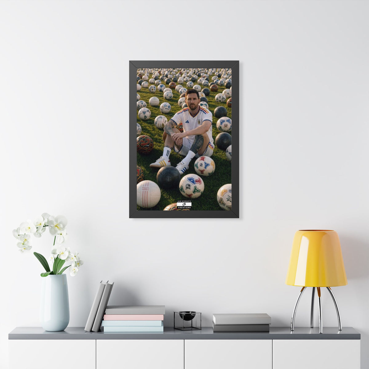 Messi x Soccer Balls Framed Poster — Framed GOAT Wall Art