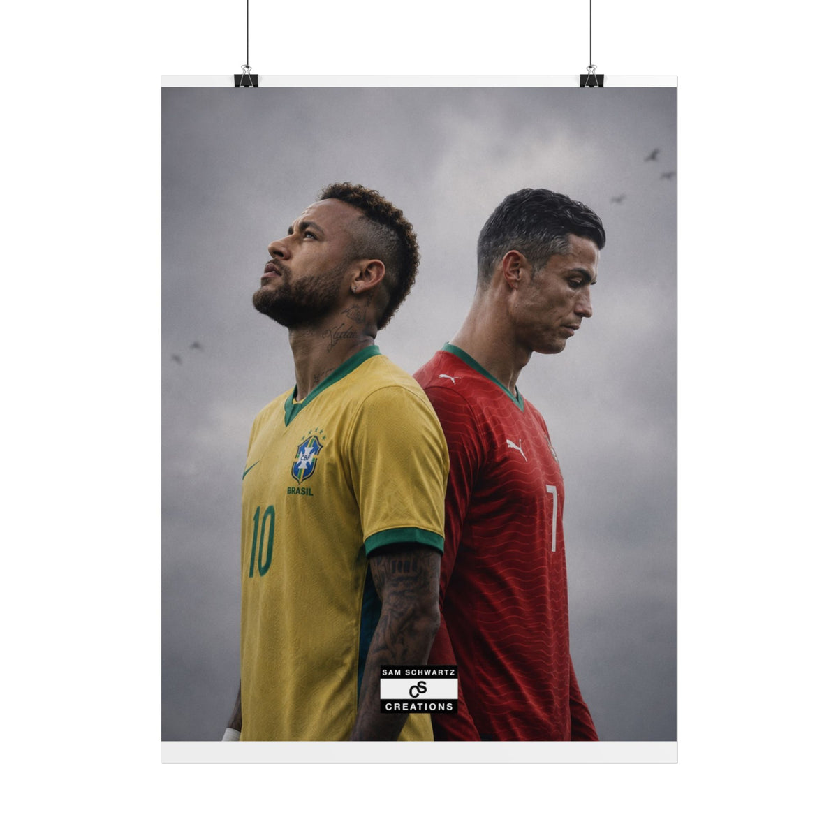 Neymar in Brazil colours and Cristiano Ronaldo in Portugal colours standing back-to-back