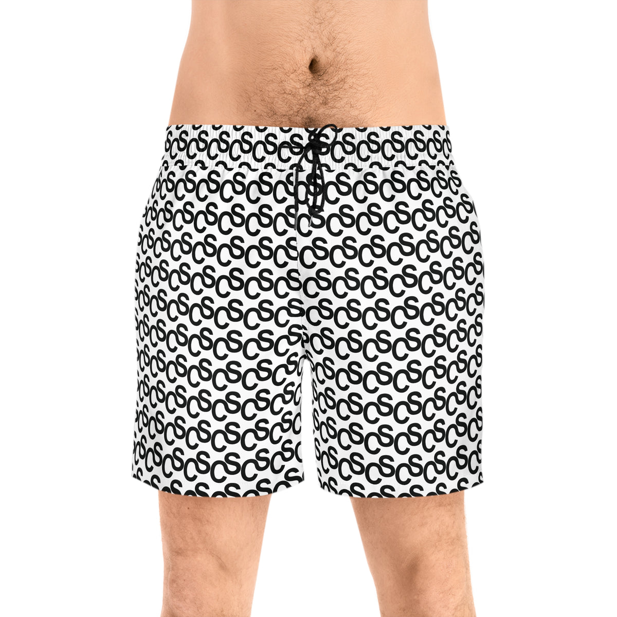 Sam Schwartz Creations Monogram Pattern Swim Shorts — Black & White All-Over Print