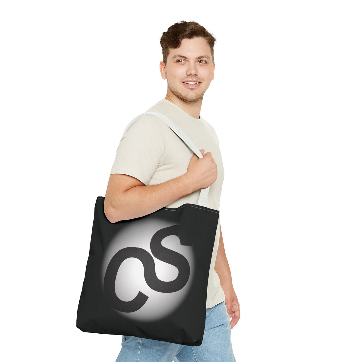 Monochrome Sam Schwartz Creations Logo Tote Bag – Minimalist Black & White Carryall