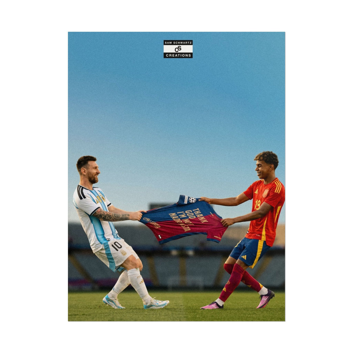 Lionel Messi and Lamine Yamal holding a Barcelona tribute shirt