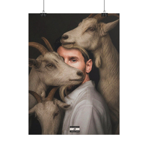Lionel Messi surrounded by goats in a surreal football GOAT portrait