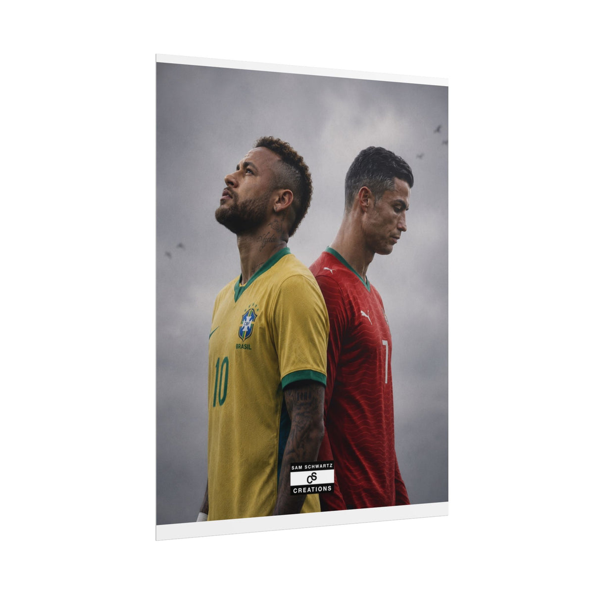 Neymar in Brazil colours and Cristiano Ronaldo in Portugal colours standing back-to-back